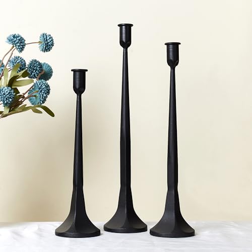 Gelazurem Iron Taper Candle Holder Set of 3 15.5 14 12 Decorative Modern Vintage Metal Tall Candlestick Holders for Wedding Dinning Table Mantle Party Decoration (3 Black)