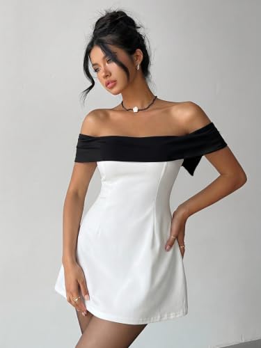 Image of SOLY HUX Women's Bow Off the Shoulder A Line Wedding Guest Mini Dress