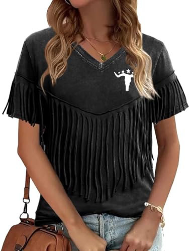 Western Vintage Shirt Cowgirl Outfit: Women Fringe Graphic Tees Rodeo Short Sleeve Tshirt Summer Vacation V Neck Tops3