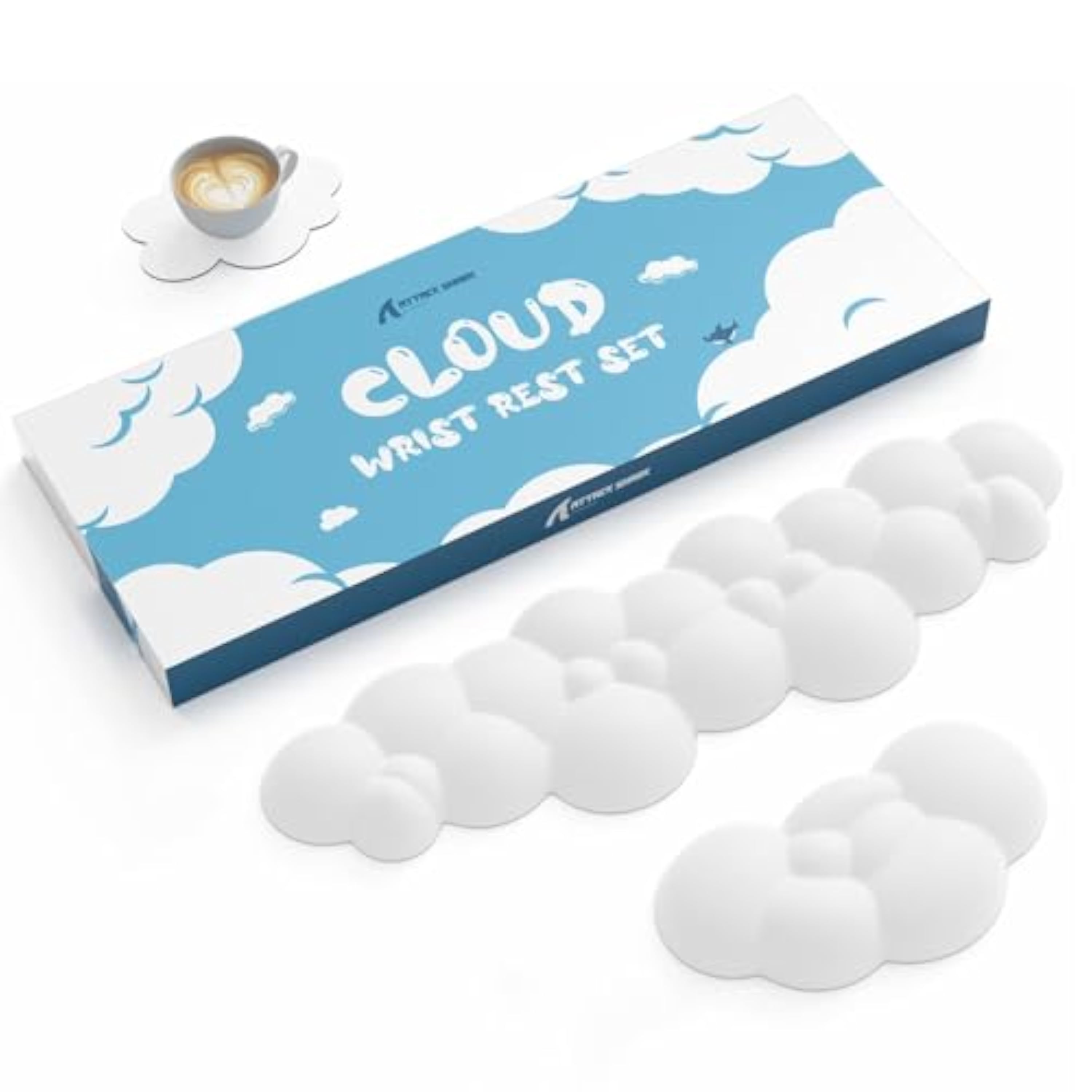ATTACK SHARK Cloud Reposamuñecas con Conjunto de Posavasos, Descanso de Palma Ergonómico, Base Anti-Slip, Almohadilla de Muñeca Ultra Suave para Escritura/Juego Cómodo con Teclado y Ratón -White