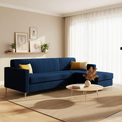 Image of SOCOZI Anton 5 Seater L Shape Sofa Set with Movable Ottoman | Flexible Layout | Soft Velvet Suede Fabric | Modern Design | Plush Comfort Cushions for Living Room (Dark Blue) | Breathable Material