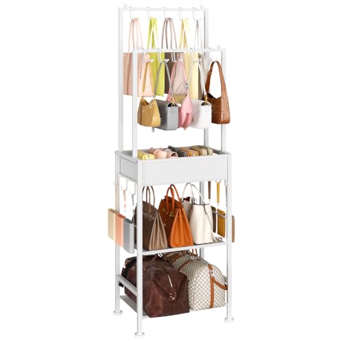 DIMJ Purse Organizer for Closet - Floor-standing Handbag Organizer Rack with 16 Hooks, Purse Storage Shelf Stand for Handbags, Totes, Wallets, Scarves, Bedroom Entryway and Walk-in Closet, White