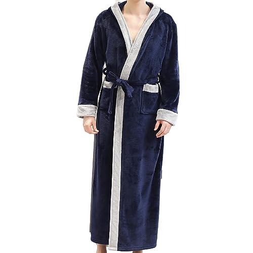 Mens Robe with Hood, Plush Fleece Hooded Mens Bathrobe, Big and Tall Bath Robe for Men Soft Flannel Warmth Sleepwear