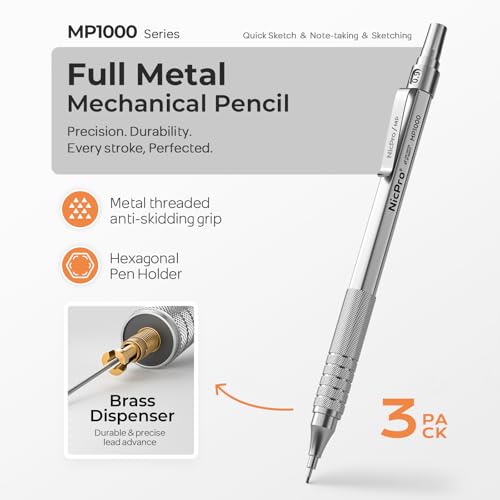 Image of Nicpro 0.9 mm Metal Mechanical Pencil Set with Case, with 3PCS MP1000 0.9mm Drafting Pencil, 8 Tubes HB Lead Refills, 3PCS Eraser, Erasers Refills for Artist Writing, Drawing, Sketching, Silver