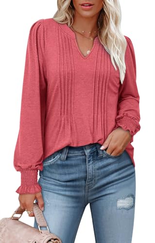 BETTE BOUTIK Long Sleeve Shirts for Women Fall Tops Dressy Blouses Pleated V Neck Tunic Tops for Leggings S-3XL