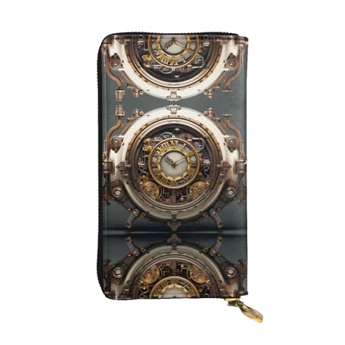 Leather Wallet 7.48 x 4.13 in - Stylish and Durable Wallet for Women with Multiple Compartments and Zipper Design Steampunk Clock Pattern