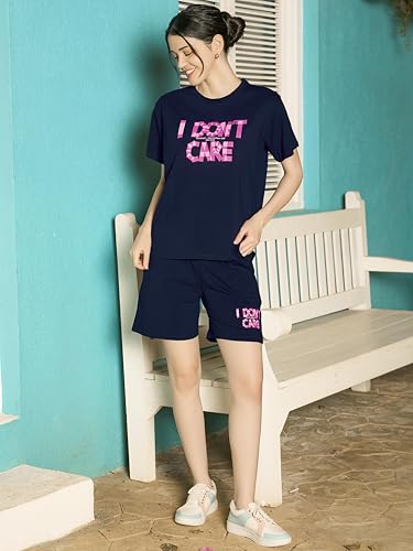 Image of ZEYO Night Suit for Women's Typography Printed Cotton Night Dress of Top and Shorts