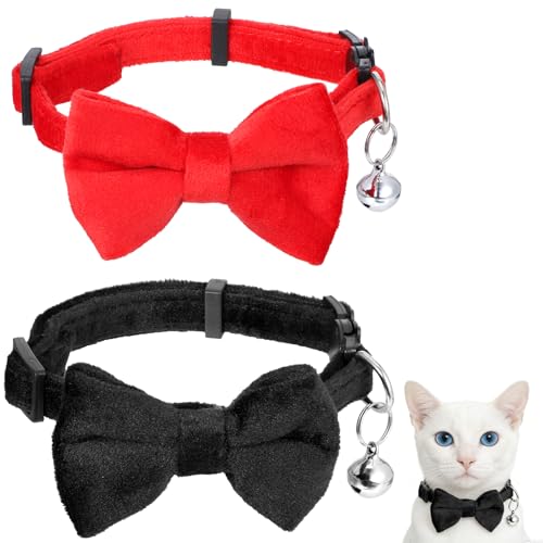 cobee 2 Pcs Velvet Cat Collar, Cat Bow Tie with Bell and Bowtie, Red Black Adjustable Removable Kitten Collar for Cats Kitten Puppy Pet Accessories