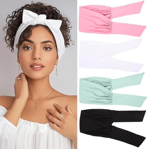 Image of 4 Pieces Adjustable Knotted Headbands for Women - Wide Boho Extra Large Turban Hairband Hair Twisted Knot Accessories for Workout Yoga Running