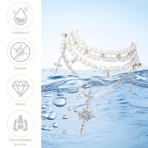 Image of SANNIDHI Pearl Necklace for Women Girls Gothic Rose Cross Pendant Chain Layered Necklace Stainless Steel Beads Choker Necklace Punk Aesthetic Necklace Jewellery Gifts for Women, Girls