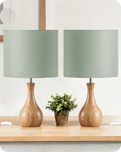 GOEBLESON Lampe de Chevet Lot de 2, Petite Lampe de Table en Bois et Abat-jour en Lin, Lampe à Poser avec Câble, Douille E27, 1 Ampoule LED 2700K Inclus,...