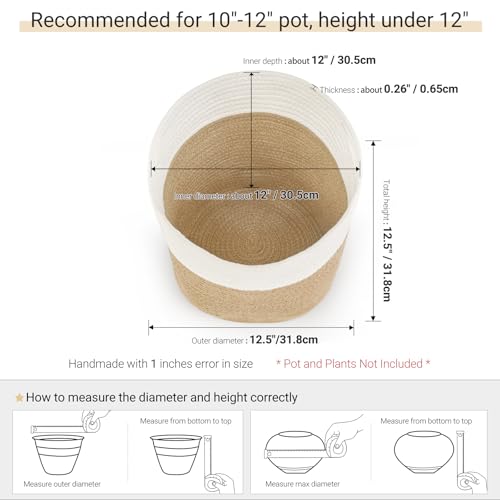 Image of Dahey Jute Spliced Cotton Rope Plant Basket Modern Woven Storage Basket for 12 inch Floor Indoor Planter, Decorative Flower Pots Cover Laundry Bin with Handle Rustic Home Decor, White and Beige