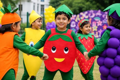 Image of Raj Costume Kids Mango Fruit Costume Apron with Cap for Boys & Girls | Cute Yellow Cutout Fancy Dress | Soft Felt Fabric | Role Play Outfit