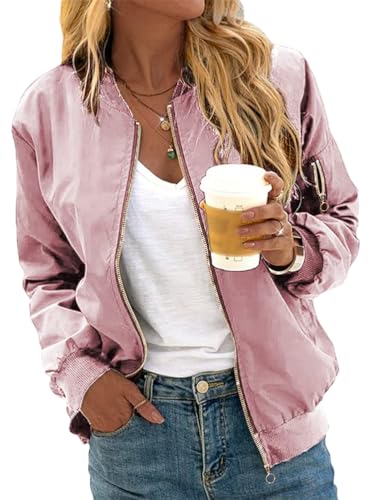 Minetom Veste Femme Motard Blouson Printemps Automne Léger Bombers Jacket Sweatshirt Sport Vintage Outwear Zippé Court Jacket B Rose M