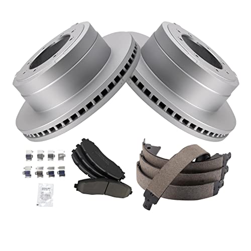 Image of TRQ Rear Brake Pad & Rotor Kit Parking Brake Shoe Set Ceramic Premium G-Coated Compatible with 2013-2019 Ford F-350 Super Duty 2013-2014 F-450 Super Duty