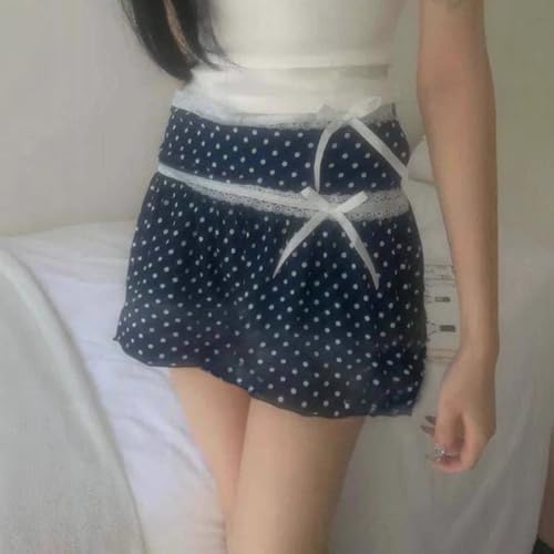Polka Dot Bow Lace Mini Bubble High Waist Cute Y2K Streetwear Summer Casual Blue Fashion Skirts4