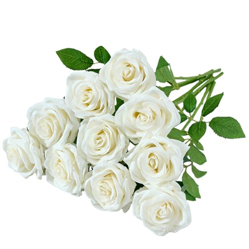 LATRORA 10 Pcs Artificial Roses White Fake Roses Artificial Flowers with Stemsroses Fake Artificial Ivory Roses Silk Flowers for Home Garden Party Hotel Office Decor