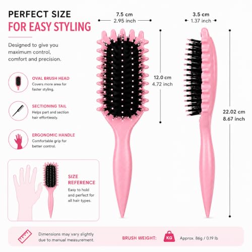Image of Combelle 5-in-1 Curl Hair Brush, Vegan Boar Bristles, Bio-Baked PLA Handle, Detangling and Frizz Control for Curly Hair (Pink)
