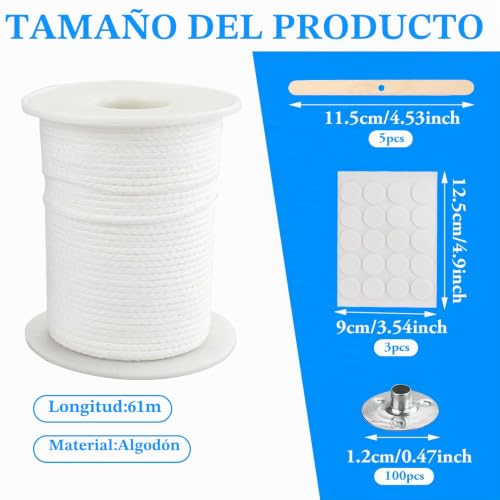 Miniatura 2 de 610 Cm De Mechas De Vela De Algodón, Mecha Plana Trenzada, Juego De Mechas De Vela Sin Humo, Sin Olor, Mechas De Vela Naturales Con 100 Piezas De Soporte Para Fabricación De Velas Diy Para Navidad