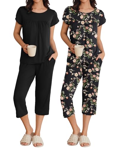 Image of Ekouaer Women's Capri Pajama Set Short Sleeve Mumu Pjs Pleated Top Capri Pants with Pockets Sleepwear Lounge Set