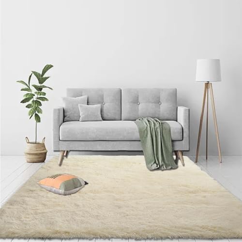 Alfombra mullida de 100 x 180 cm, lavable, suave, de alta calidad, fácil cuidado, ideal para decoración de dormitorio, color crema