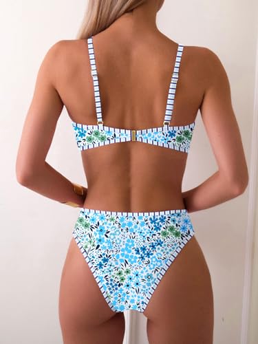 Image of Fanuerg Women's Triangle Bikini Sets O Ring Linked Two Piece Swimsuits Floral Printed Cheeky Bathing Suit