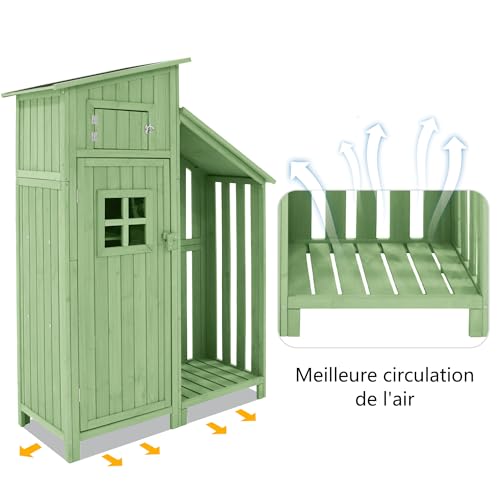 Gegtuon Gerätehaus mit Satteldach, Geräteschuppen Gartenhaus Gartenschrank aus Holz mit Fenster Türen & Stauraum Ablagen, Wetterfest Outdoor Schuppen für Garten Terrasse, 124x53cm (LxB), Grün A