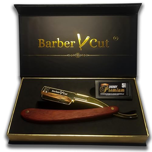 Rasoir homme Barber Cut coffret cadeau homme coupe choux en acier inoxydable couleur Or et bois précieux kit barbe Avec Pack 5 doubles-lame rasoir professionnel