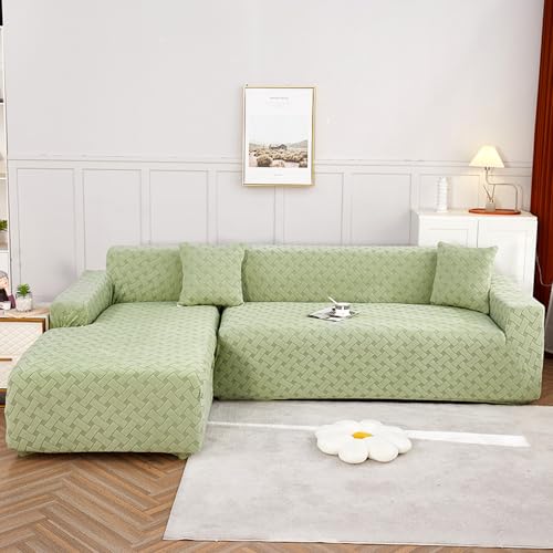 Protection canape extensible en velours jacquard vert matcha tout compris