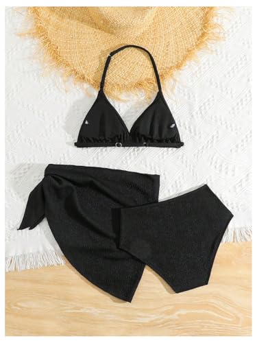 Image of SHENHE Girl's 3 Pieces Halter Triangle Bikini Sets Spaghetti Strap Swimsuit Smocked Bathing Suit with Beach Skirt