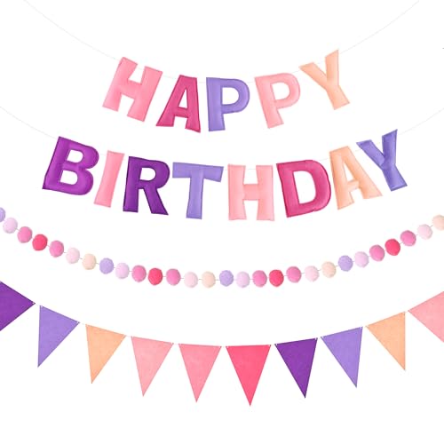Image of CANREVEL Pre-Strung 3D Rainbow Happy Birthday Banner, 3 PCS Happy Birthday Felt Sign, Pom Pom Garland, Triangle Fabric Bunting, Colorful Reusable Birthday Decorations for Women Men Girls Boys, Purple