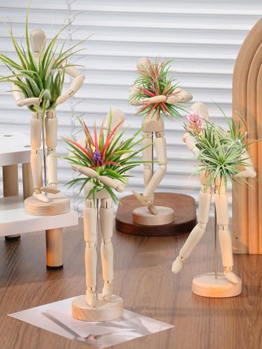 Image of ANPHSIN 4 Pcs 8.6'' Wooden Air Plant Holder, Adjustable Poses | Unique Jointed Mannequin Airplant Stand, Tillandsia Display Container for Home, Office Decoration, Housewarming Gift