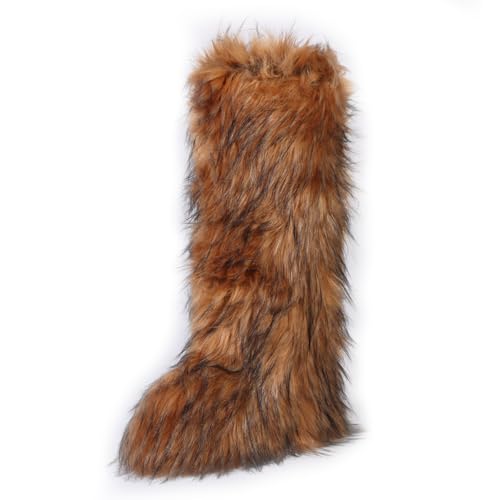 YXCFEWD Faux Fur Boots for Women Winter Knee High Furry Boots Fuzzy Fluffy for Girls Flat Snow Long Boots