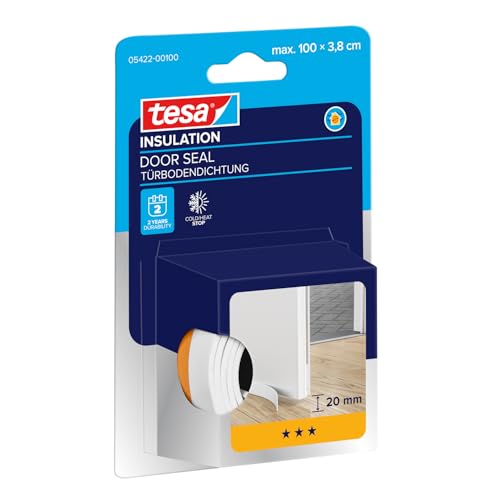 tesa INSULATION Joint de porte - Joint mousse autocollant pour sol de porte - Joint de porte de chambre pour protection contre le froid, les courants d'air, la poussière et l'humidité - Blanc-1mx38 mm