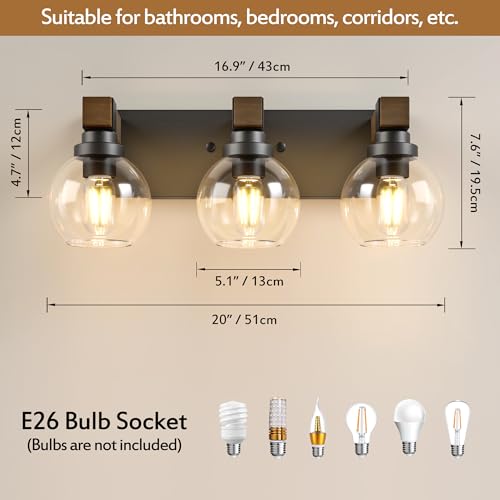 Image of LmnLvn Farmhouse 3-Light Bathroom Vanity Light, Wood & Metal Glass Shade