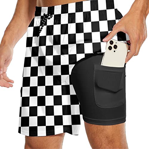 Checkered Men's Swim Trunks with Compression Liner Checkerboard Board Shorts Swimwear Bathing Suits for Men 7 Inch Inseam2