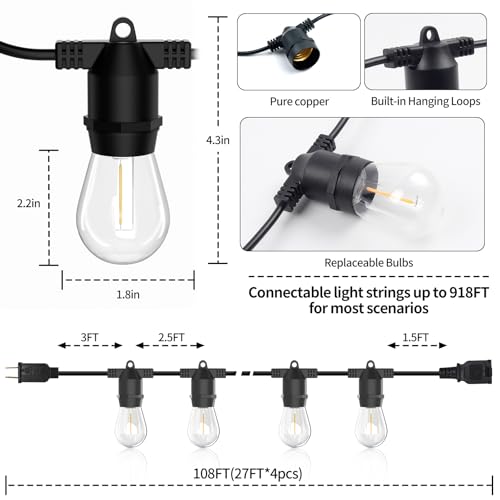 108FT LED Outdoor String Lights, IP65 Waterproof, S14 Shatterproof 27FT*4 Pack Outdoor String Lights (Maximum 918FT) Edison Vintage Bulbs Patio, Balcony, Deck, Garden Lights - Image 6