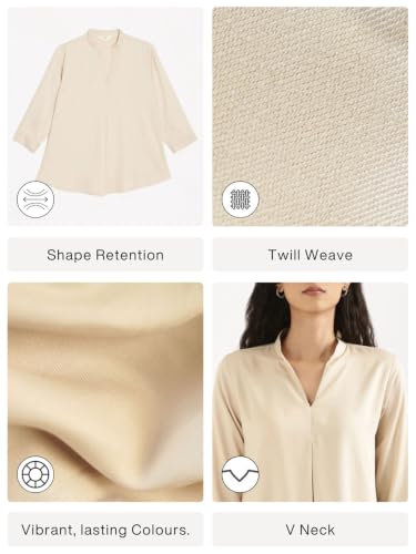 Image of SAADAA Top for Women, Viscose Pleated Tops, V-Neck with a Collar, 3 /4 Sleeve Length, Office & Casual Wear