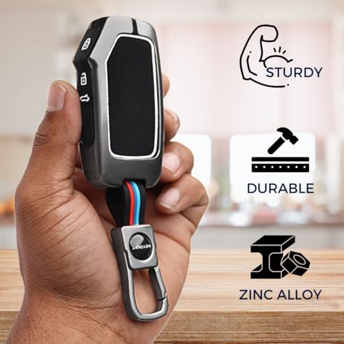 Image of KEYCEPT Metal Alloy Key Cover Compatible with Kia Seltos HTE, Sonet HTE, Carens Premium, Prestige 3 Button Smart Key (Dual Black & Tan).