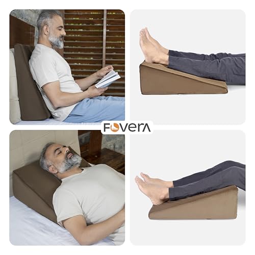 Image of FOVERA Memory Foam Wedge Pillow | 2 Years Warranty | Wedge Cushion for Back Support, Acid Reflux, Snoring, GERD, Leg Elevation, Pregnancy (Velvet Brown, Medium 7 inch Height)