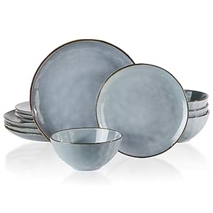 Famiware Dinnerware Sets for 4, Ocean Round 12-Piece Kitchen Plates and Bowls Sets, Reactive Glaze, Microwave and Dishwasher Safe, Scratch Resistant, Blue