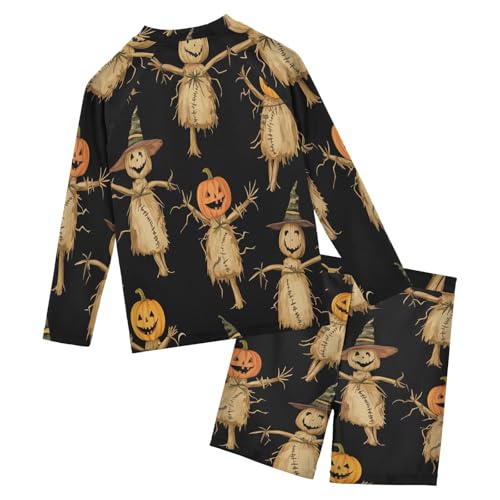 Scarecrow and Pumpkin Boys Swimsuit Rash Guard Toddler Kids Long Sleeve Swim Shirt and Trunks Swimwear Set 3-10Y2