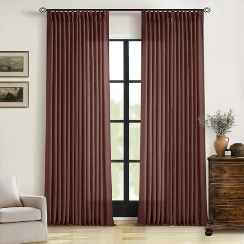 Image of Reddish Brown Linen Pinch Pleated Curtains 96 Inches Long for Living Room Pleated Drapes Back Tab Thick Linen Textured Boho Farmhouse Country Maroon Rust Brown 96 Inch Curtain for Dining Bedroom