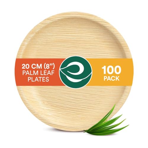 ECO SOUL Palm Leaf Plates 8”(20cm) 100 Round Bamboo Plate I Eco Friendly, Biodegradable, Compostable Heavy-Duty Plate, Disposable Plates for Dinner, Party & Events