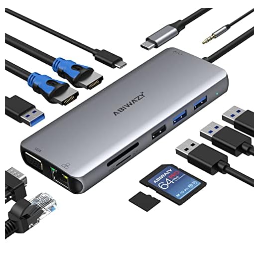 USB C Docking Station Dual Monitor, 11 in 1 Laptop Docking Station USB C Hub Dual HDMI Adapter Dongle with Gigabit Ethernet 2 HDMI VGA 5 USB PD Audio for HP/Dell/Lenovo/Surface/Chromebook/Thinkpad