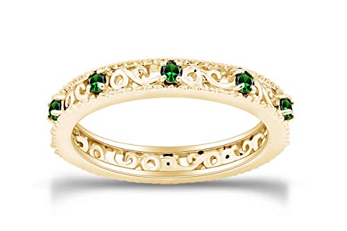 Stackable Ring for Women, 14K Gold Over 925 Sterling Silver with Round Cut Simulated Green Emerald, Dainty Band Ring Jewelry Gift for Her (Band width 3.5mm)2