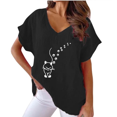 NZYIHAO Blusa de muselina para mujer, cuello de pico, camiseta dulce con estampado de animales, blusa de lino, túnica de verano, túnica, algodón y lino, manga corta, camiseta larga, tallas grandes,