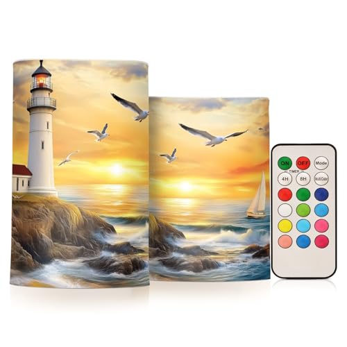 Image of Lighthouse Ocean Seagulls Sailboat Flickering Flameless Candles LED Battery Operated with Remote Timer Pillar Candles for Home Birthday Wedding Christmas Decor, Set of 2