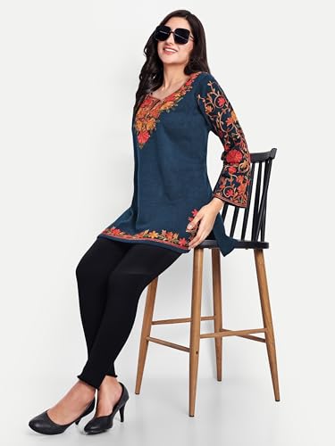 Image of HAUTEMODA Women Woollen Short Kashmiri Embroidery Phiran Kurta
