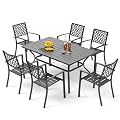 PHI VILLA 7-Piece Metal Patio Outdoor Table and Chairs Outdoor Dining Set - 60" Patio Table with Umbrella Hole and 6 Backyard Garden Chairs, Black